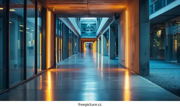 Modern office interior with long illuminated corridor