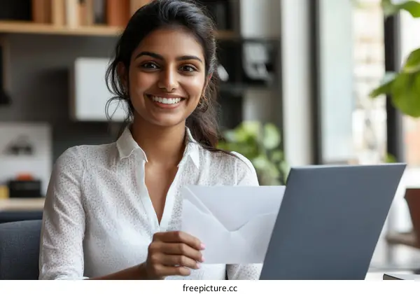 Smiling Woman Holding Envelopes at Work