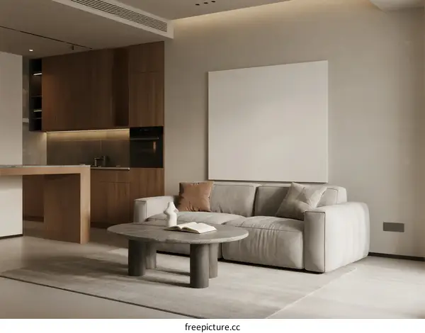 Modern minimalist living room with neutral color palette and cozy sofa