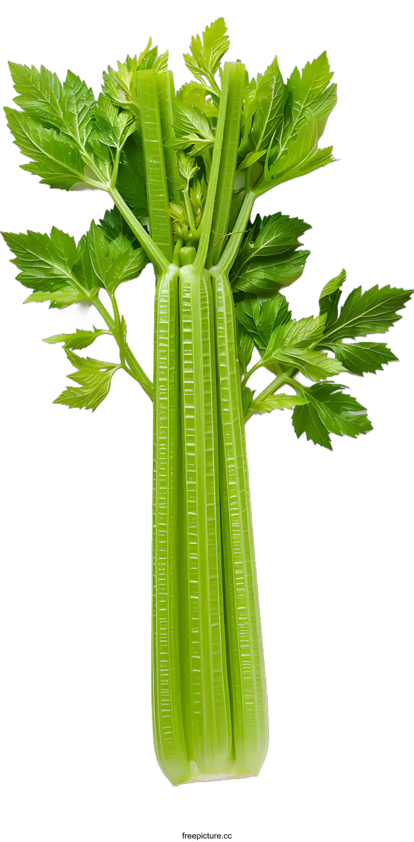 [Transparent Background PNG]Fresh Green Celery Stalks with Leaves on a White Background