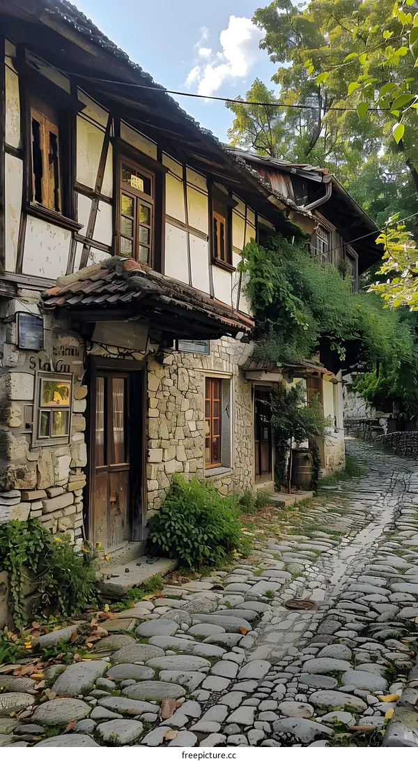 An old stone house with a cobblestone street in front of it