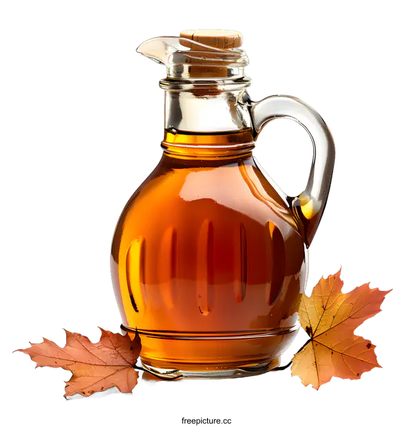 [Transparent Background PNG]A glass jug of maple syrup with a cork stopper and two autumn maple leaves.