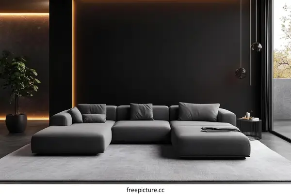 Modern Minimalist Living Room with Gray Sectional Sofa