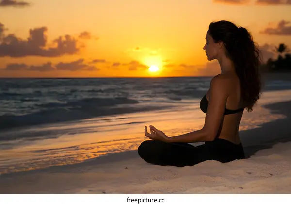 Woman in Yoga Pose on Beach at Sunset