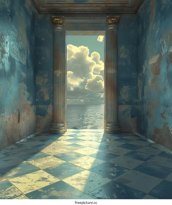 Surreal Room with Open Door to Bright Seascape