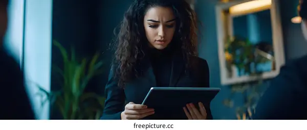 Serious Woman in Business Attire Looking at a Tablet