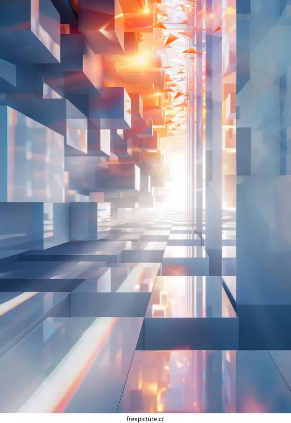 Abstract 3D rendering of a futuristic city with skyscrapers made of glass and metal.