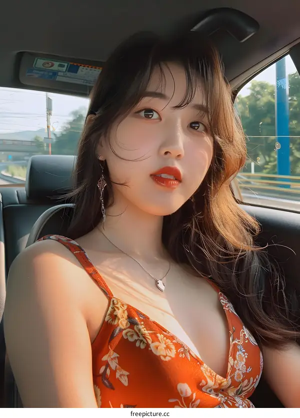 Young Asian Woman With Long Hair Wearing Orange Dress Looking at Camera While Sitting in Car