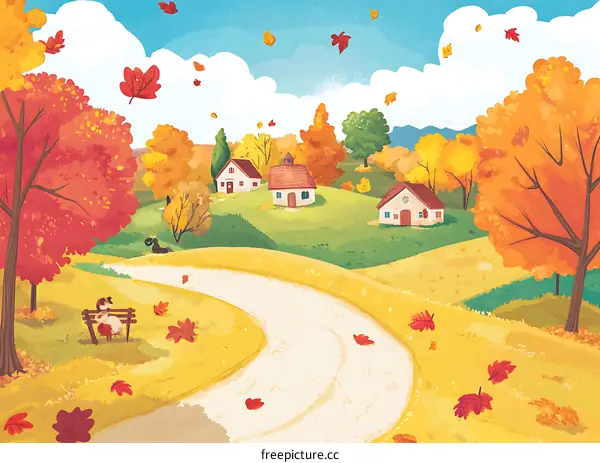 Autumn Landscape with a Girl Sitting on a Bench