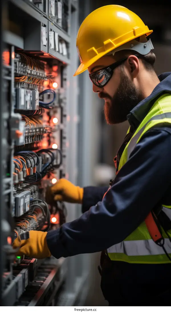 technician wearing hardhat and safety glasses works on electrical panel