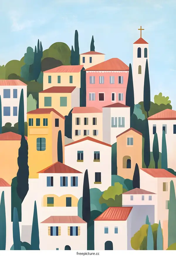Mediterranean Town with Church Illustration