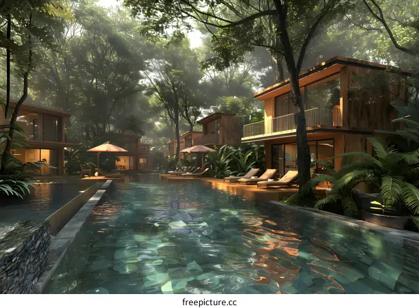 Tropical Resort with Swimming Pool and Lush Greenery