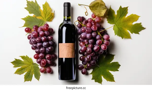 A bottle of red wine with two clusters of grapes and grape leaves on a white background