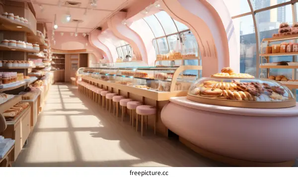 An empty bakery shop with pink interior design