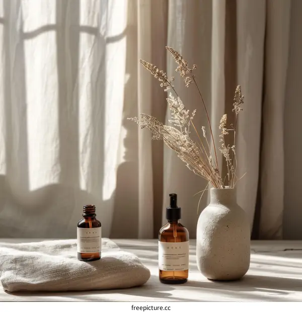Dried Flowers and Essential Oils on a Wooden Table