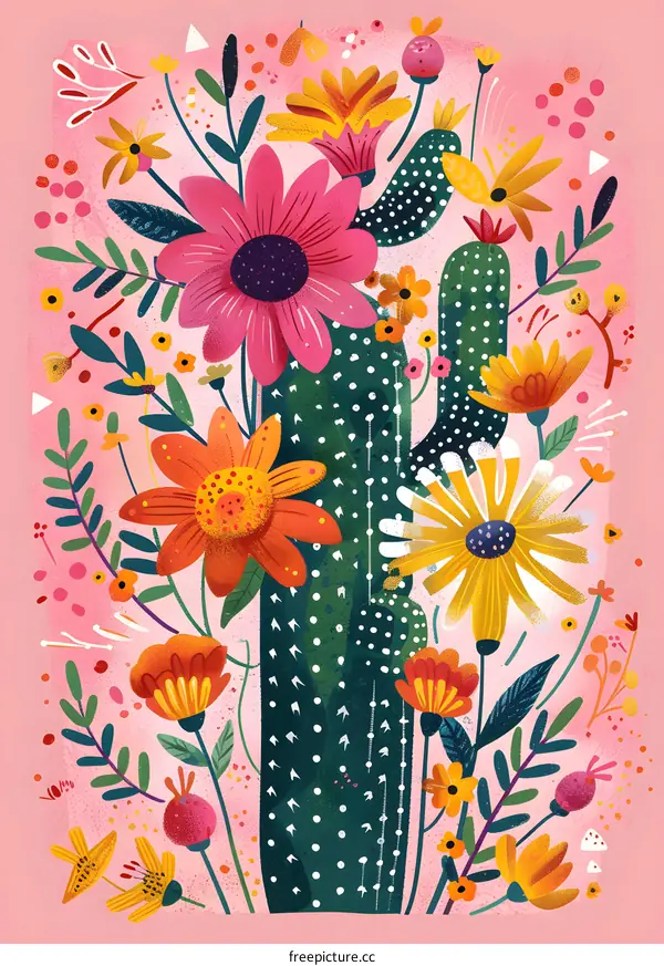 Cactus With Colorful Flowers Illustration