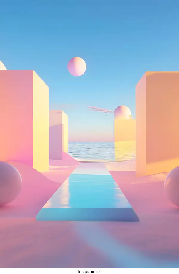 Abstract Minimalist 3D Render Of A Pink Beach With Geometric Shapes And A Pool