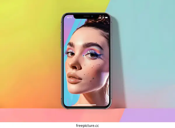 Colorful Makeup Look on Smartphone Screen Against a Gradient Background