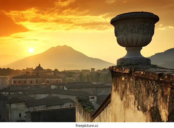 Stone Urn With Sunset View of Mountain