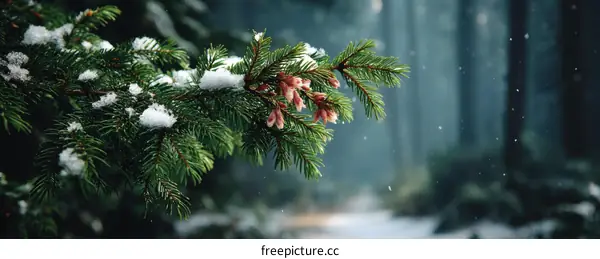 Snowy Fir Branch in a Winter Forest