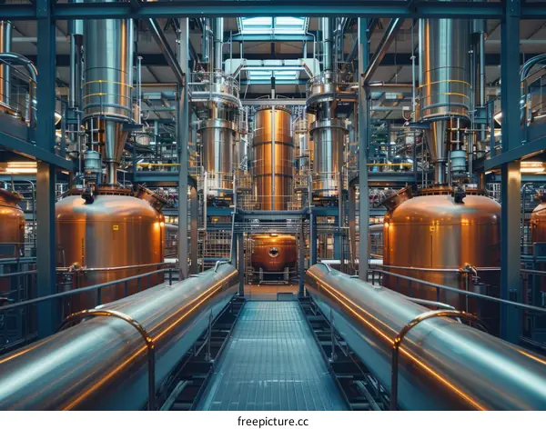 The intricate network of pipes and vessels in a modern industrial facility