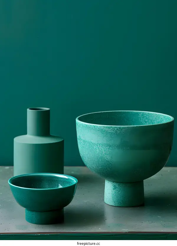 Green Ceramic Bowls and Vases on a Green Background