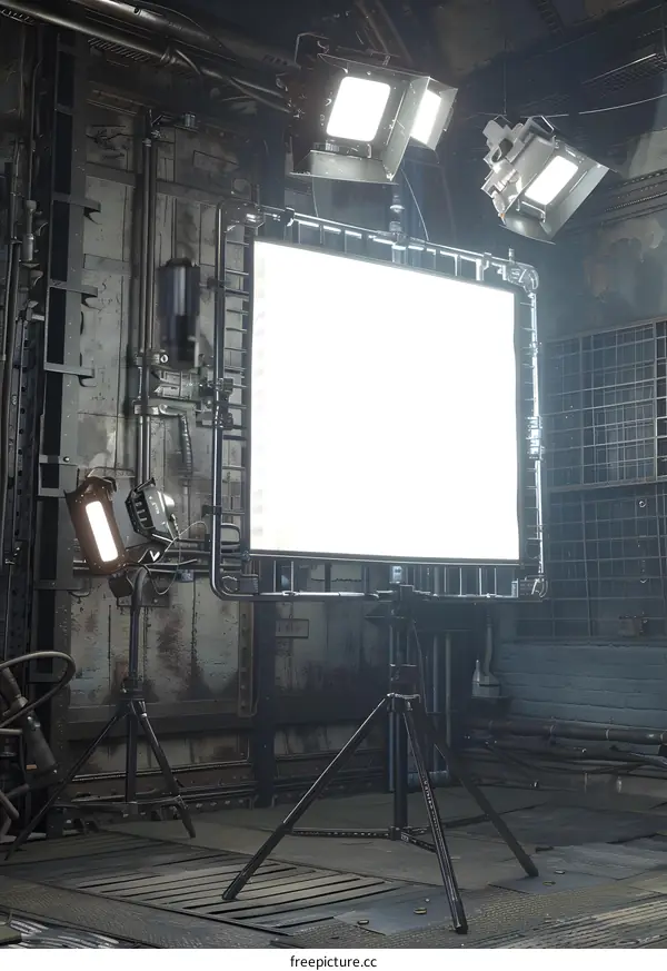 Industrial Setting with White Screen and Lighting Equipment