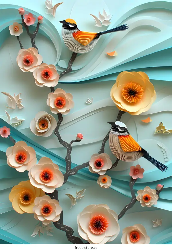 Paper Art Birds and Flowers on Blue Background