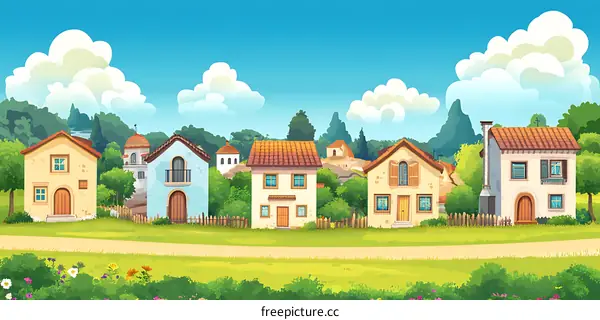 Cartoon Illustration of a Beautiful Small Town with Houses and a Road