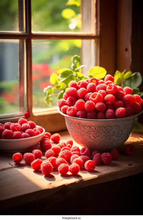 Raspberries in a bowl by the window