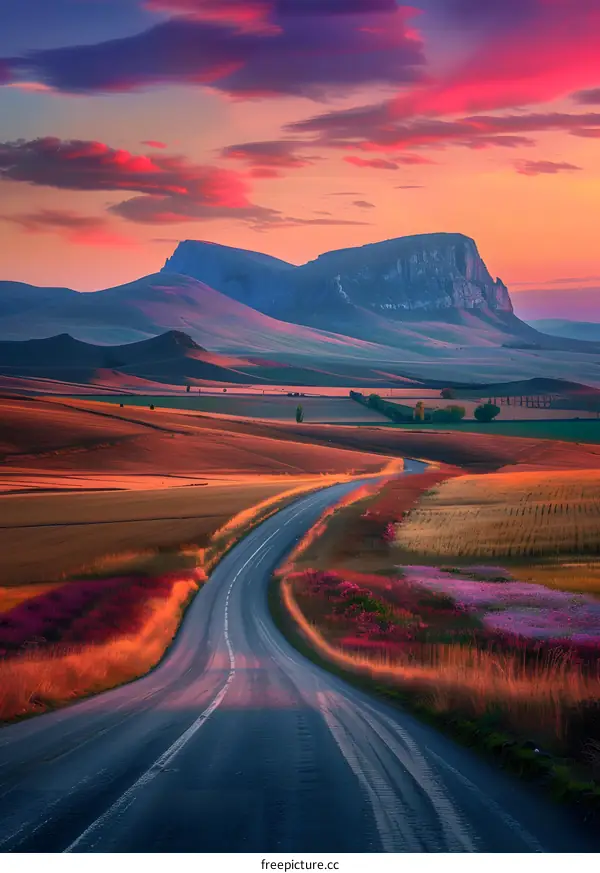 Winding Road Through Rolling Hills at Sunset