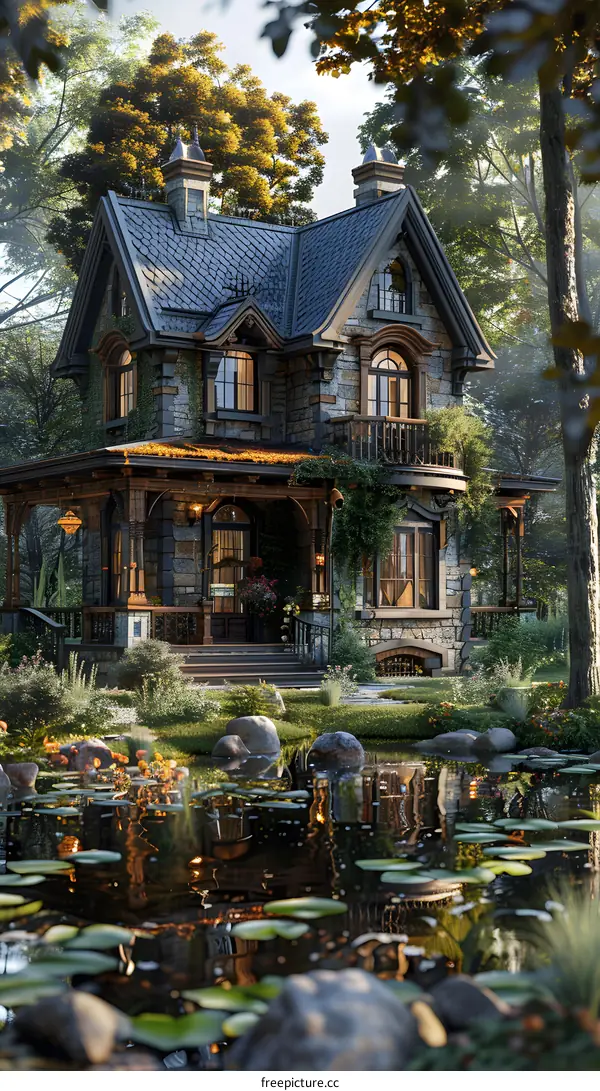 Stone Cottage with Pond and Autumn Trees