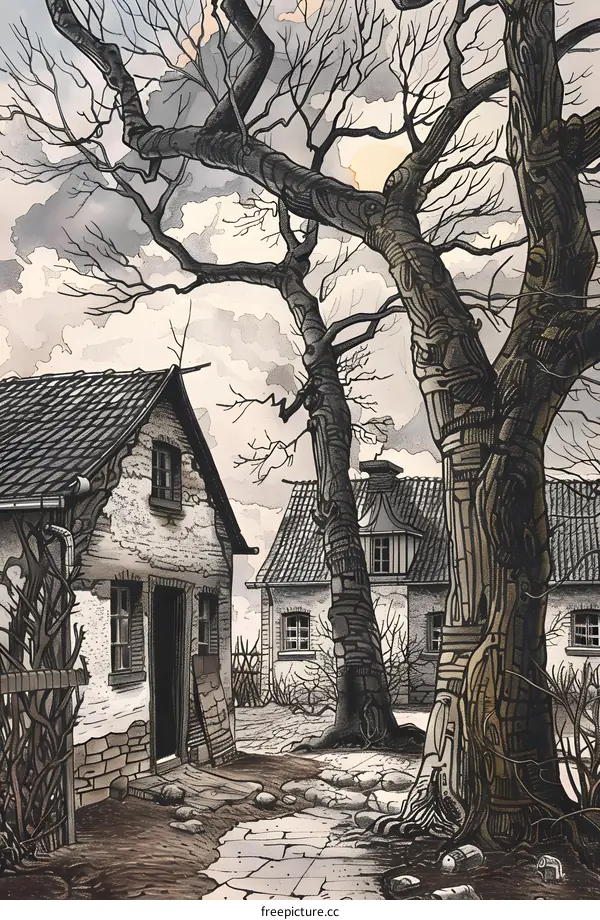Black and White Watercolor Illustration of an Old Town with Trees
