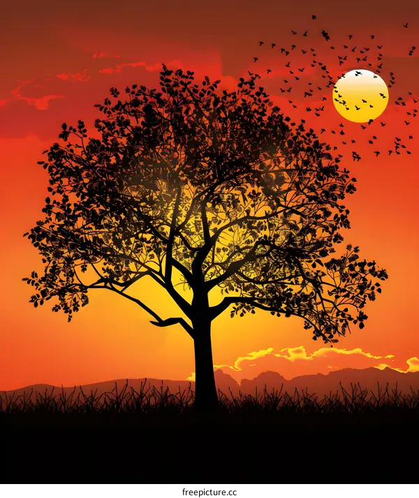 Silhouette of Tree with Birds Flying at Sunset