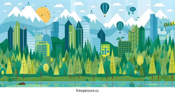 Green Cityscape with Mountains and Hot Air Balloons
