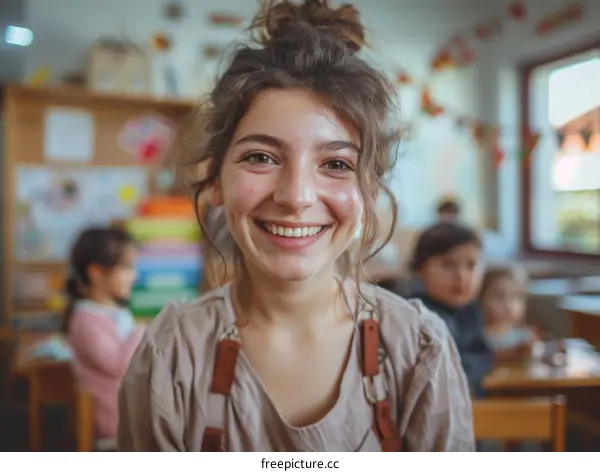 Portrait of a happy young female teacher in a classroom with children in the background