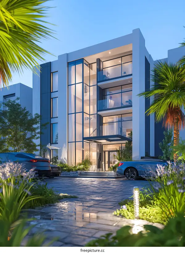 Modern Apartment Building Exterior at Dusk