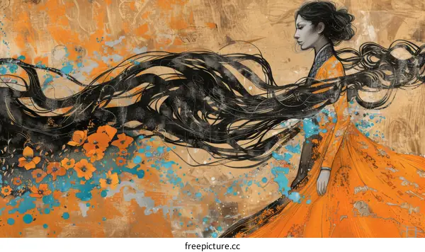 A woman in an orange dress walking through a field of flowers