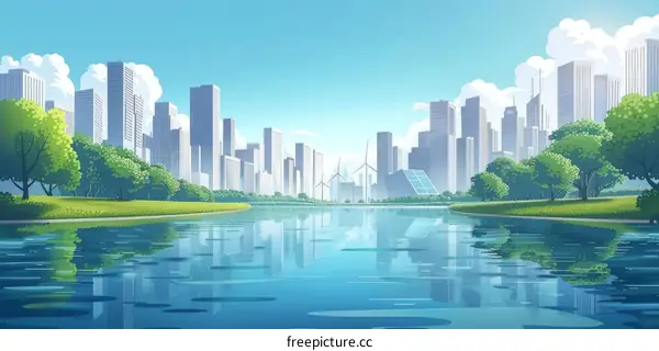 Green Cityscape with River and Buildings