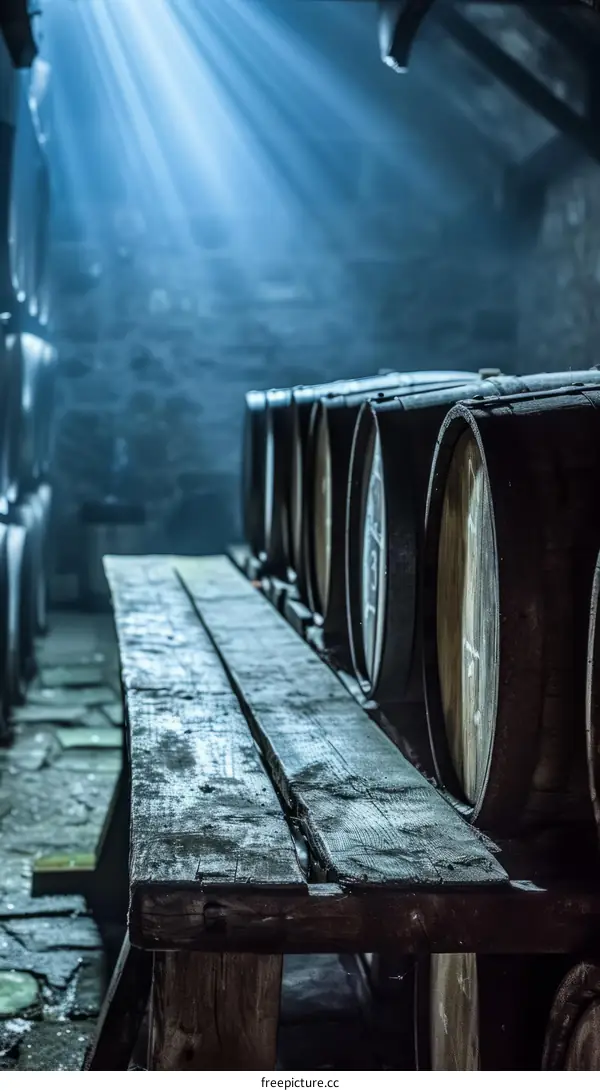 Wine barrels in a cellar with dramatic lighting