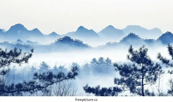 Misty Mountain Scenery in Artistic Style