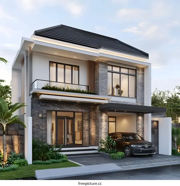 Modern House Exterior Design with Stone Wall and Black Car