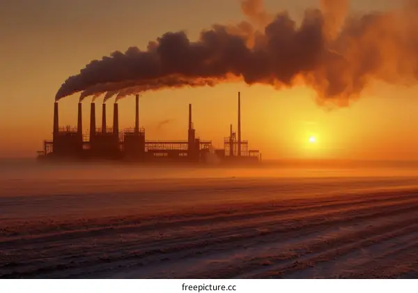 The setting sun casts a golden glow on an industrial complex and the surrounding snow-covered field.