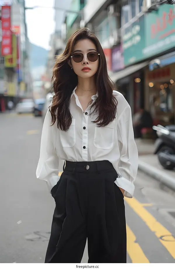Woman in White Shirt and Black Pants Standing on Street