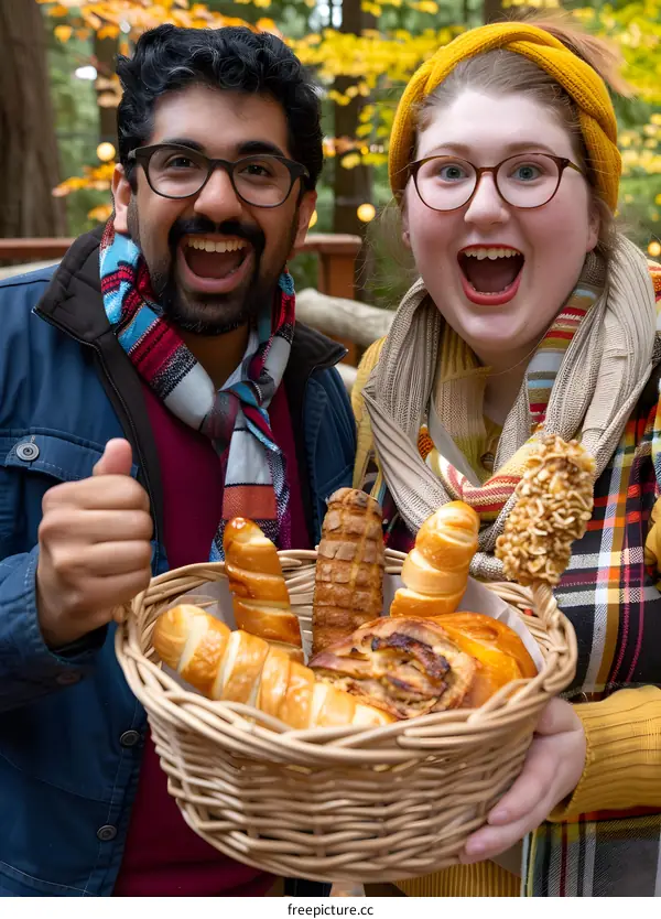 Happy Couple Holding Basket Of Freshly Baked Bread