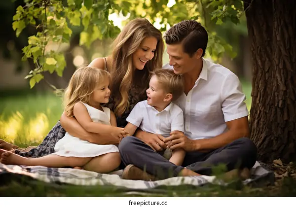 Happy family of four sitting on a blanket in the park