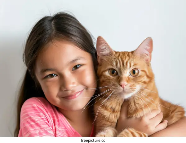 A young girl hugging an orange cat