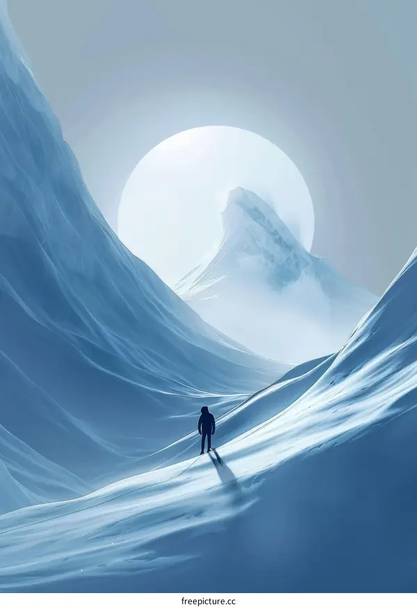 Man standing alone in a snowy mountain landscape with a large moon in the background