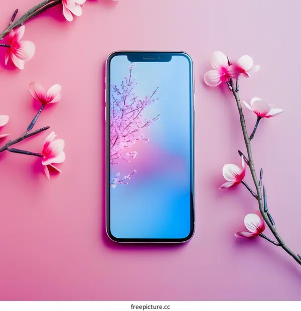 Mobile Phone with Flower Branch on Pink Background