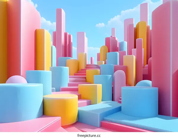 A surreal landscape with pastel-colored geometric shapes